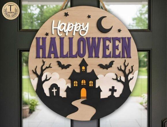 Happy Halloween Haunted Mansion Sign — halloween laser cut sign Halloween laser cut sign with haunted mansion, bats, moon, trees, gravestones, and Happy Halloween lettering