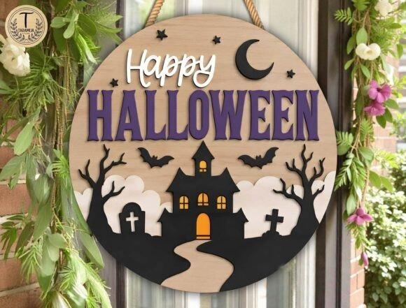 Layered Happy Halloween Door Sign — happy halloween laser cut signs Layered happy halloween laser cut signs with haunted house, bats, moon, and trees in purple, black, and natural wood