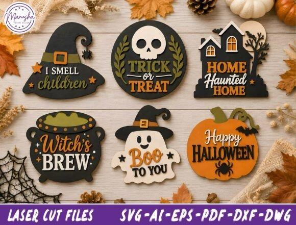 Wooden Laser Cut Halloween Signs Wooden laser cut Halloween signs including witch hat, skull, haunted house, cauldron, ghost, and pumpkin designs