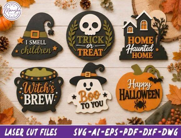 Halloween Laser Cut Sign Set halloween laser cut sign set with witch hat, skull, haunted house, cauldron, ghost, and pumpkin designs