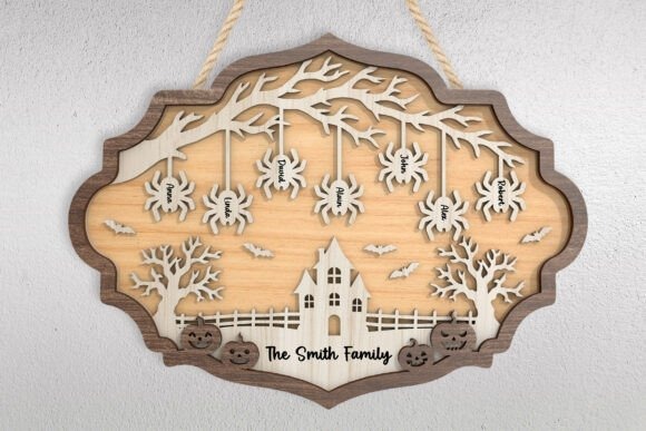 Wooden Laser Cut Halloween Sign — wooden laser cut Halloween signs Wooden laser cut Halloween signs featuring hanging spiders, bats, pumpkins, and a haunted house scene