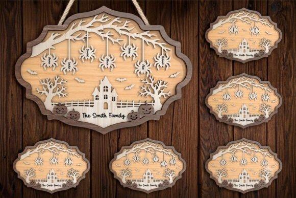 Wooden Laser Cut Halloween Sign — wooden laser cut Halloween signs Wooden laser cut Halloween signs featuring spiderwebs, spiders, bats, pumpkins, and a haunted house with The Smith Family