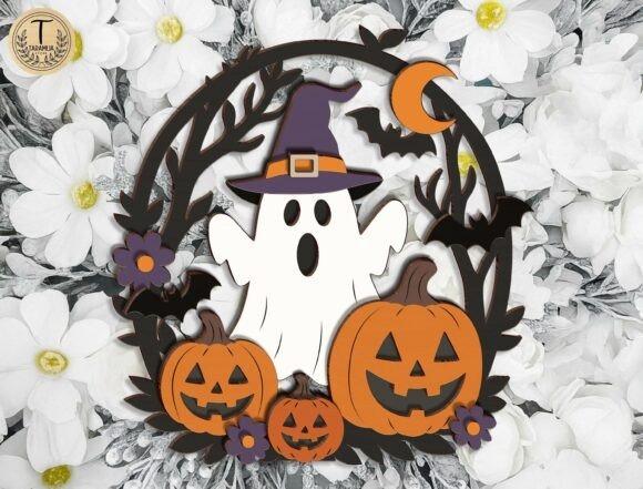 Ghost Halloween Laser Cut Sign Halloween laser cut sign featuring a ghost with a witch hat surrounded by pumpkins, bats, and a crescent moon