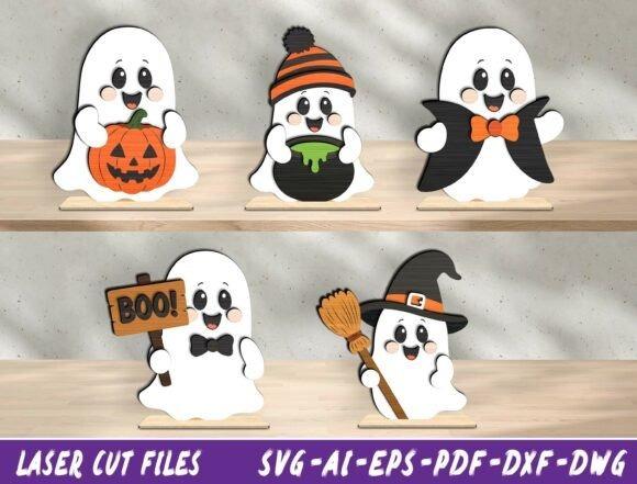 Halloween Laser Cut Ghost Designs — halloween laser cut designs Halloween laser cut designs featuring five cute ghost characters with pumpkin, cauldron, cape, sign, and witch hat on wooden