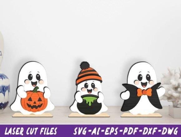 Halloween Laser Cut Designs Halloween laser cut designs featuring three cute ghosts holding a pumpkin, a bubbling cauldron, and wearing a bat costume