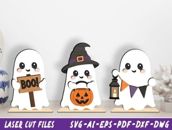 Halloween Laser Cut Designs Halloween laser cut designs featuring three cheerful ghost figures with Halloween props including a broom, pumpkin, and