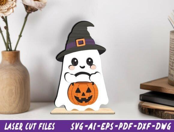 Witch Ghost Halloween Design — halloween laser cut designs Halloween laser cut designs featuring a cheerful ghost wearing a witch hat and holding a pumpkin bucket