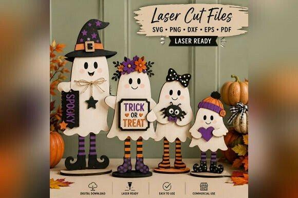 Halloween Ghost Shelf Sitters — halloween laser cut designs Set of four Halloween ghost shelf sitters with accessories like a witch hat, trick or treat — halloween laser cut designs