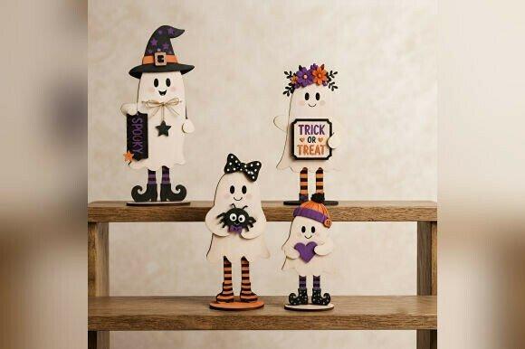 Halloween Ghost Shelf Sitters — halloween laser cut designs Halloween ghost shelf sitters holding spooky signs and accessories on wooden shelves — halloween laser cut designs