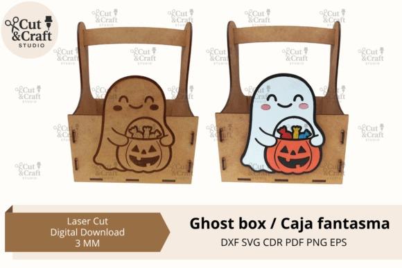 Halloween Laser Cut Ghost Boxes — halloween laser cut designs Two halloween laser cut designs of ghost treat boxes holding pumpkin baskets with candy