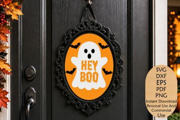 Happy Halloween Laser Cut Sign — happy halloween laser cut signs Happy Halloween laser cut signs featuring a ghost with 'HEY BOO' text and bats on an orange background
