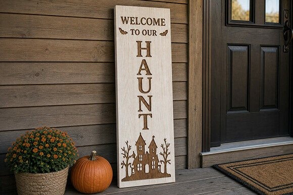 Happy Halloween Laser Cut Sign — happy halloween laser cut signs Happy Halloween laser cut signs with haunted house and welcome message on porch