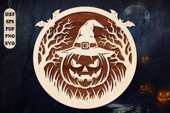 Pumpkin Witch Hat Round Sign — Halloween laser cut wall decorations Halloween laser cut wall decorations featuring a round wooden sign with a pumpkin wearing a witch hat surrounded by bare