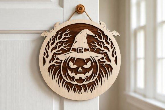 Pumpkin Witch Hat Round Sign — Halloween laser cut wall decorations Halloween laser cut wall decorations featuring a round wooden sign with a pumpkin wearing a witch hat surrounded by trees