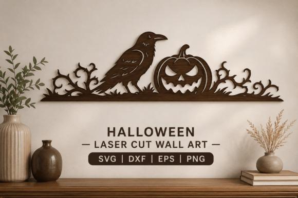 Raven and Pumpkin Laser Cut Art — laser cut wall decor Laser cut wall decor featuring a raven and jack-o-lantern silhouette in dark wood on a shelf