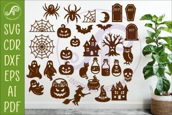 Halloween Laser Cut Sign Halloween laser cut sign featuring pumpkins, ghosts, witches, bats, spiders, and other classic icons in a balanced