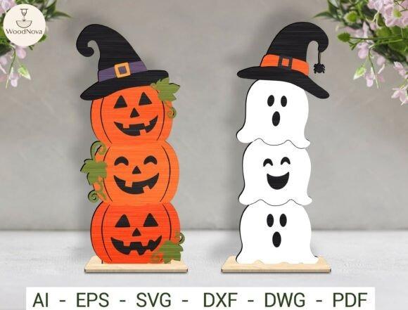 Halloween Laser Cut Designs Stacked pumpkin and ghost figures wearing witch hats as halloween laser cut designs for festive seasonal decor