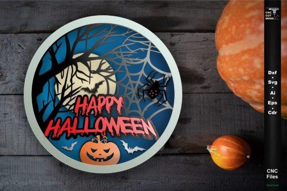 Halloween Laser Cut Sign halloween laser cut sign with a glowing moon, spider web, spider, bats, pumpkin, and 'Happy Halloween' text