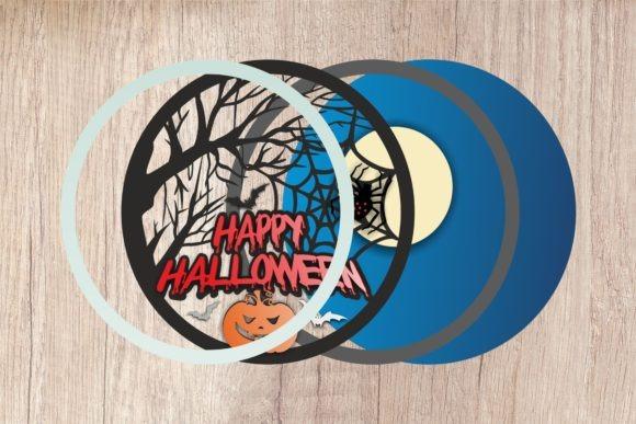 Halloween Laser Cut Sign halloween laser cut sign with layered spooky forest scene, pumpkin, spider web, and Happy Halloween text