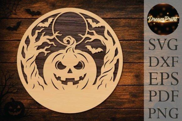 Halloween Laser Cut Wall Decoration — Halloween laser cut wall decorations Halloween laser cut wall decorations featuring a round wooden design with a jack-o'-lantern, bats, and twisted trees