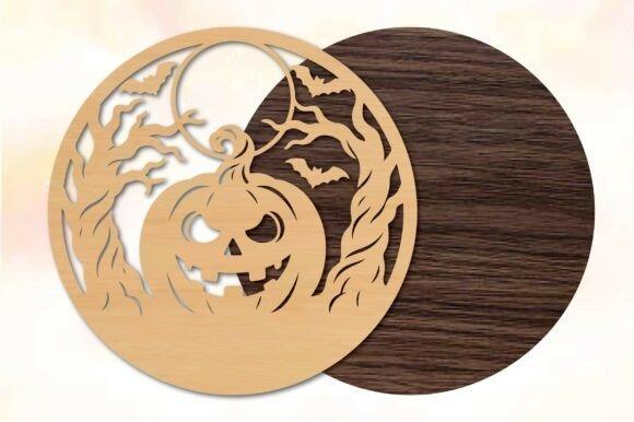 Halloween Laser Cut Sign halloween laser cut sign with pumpkin, bats, and twisted trees on round wooden background