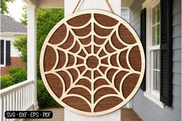 Wooden Laser Cut Halloween Sign — wooden laser cut Halloween signs wooden laser cut Halloween signs featuring a round spider web design hanging on a porch
