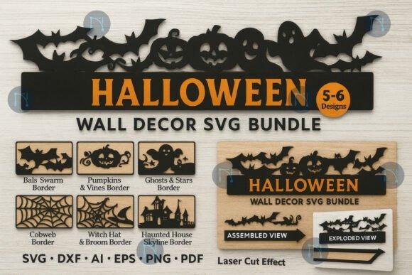 Halloween Laser Cut Wall Decorations Halloween laser cut wall decorations including bats, pumpkins, ghosts, cobwebs, witch hats, haunted houses in black and