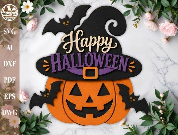 Halloween Laser Cut Sign Halloween laser cut sign featuring a jack-o'-lantern with a witch hat, bats, and Happy Halloween text