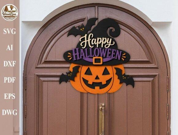 Halloween Laser Cut Sign Halloween laser cut sign with a jack-o'-lantern wearing a witch hat and bats on a round wooden base