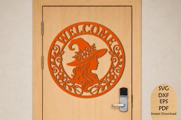 Halloween Laser Cut Sign Welcome Witch Halloween laser cut sign with a witch silhouette, floral details, and the word Welcome in a circular frame on a wooden door
