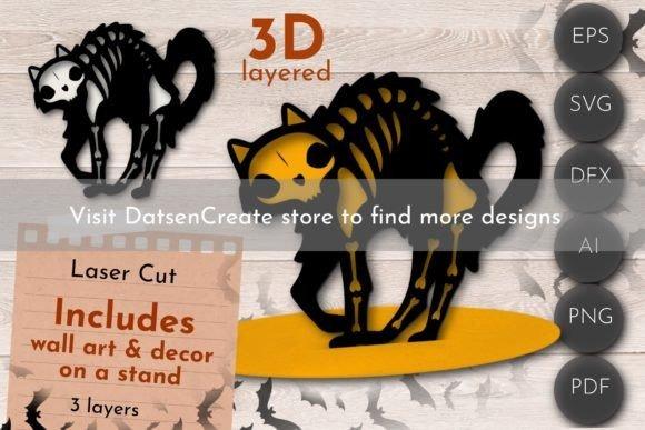 3D Layered Cat Skeleton Decor — Halloween laser cut wall decorations Halloween laser cut wall decorations featuring a 3D layered black cat skeleton design with three layers