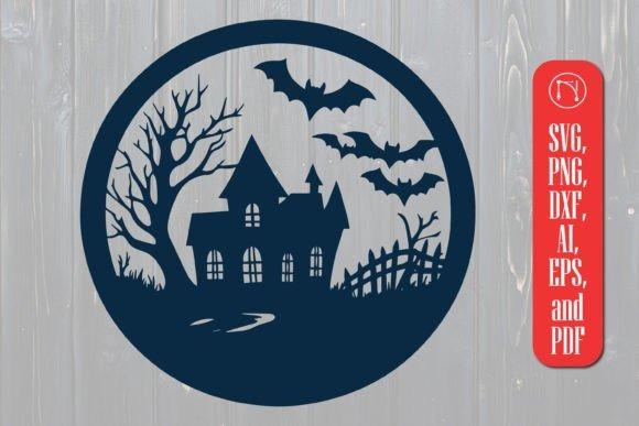 Halloween Laser Cut Sign Halloween laser cut sign featuring a haunted house with bats, a bare tree, and a fence in a circular design