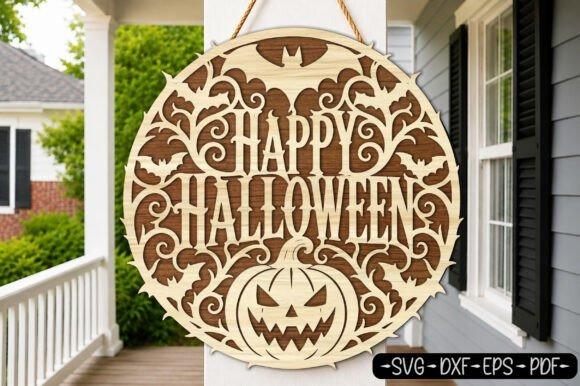 Happy Halloween Laser Cut Sign — happy halloween laser cut signs Happy Halloween laser cut signs with intricate bat and pumpkin design hanging on porch