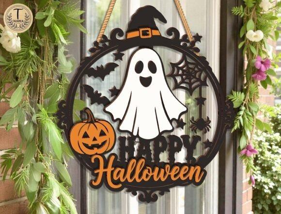 Happy Halloween Laser Cut Sign — happy halloween laser cut signs Happy Halloween laser cut signs featuring a smiling ghost, pumpkin, bats, spider, and web in black and orange