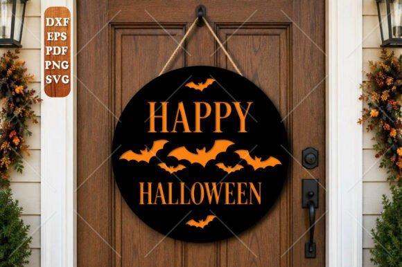 Halloween Laser Cut Sign Halloween laser cut sign with orange bats and Happy Halloween text on black round door hanger