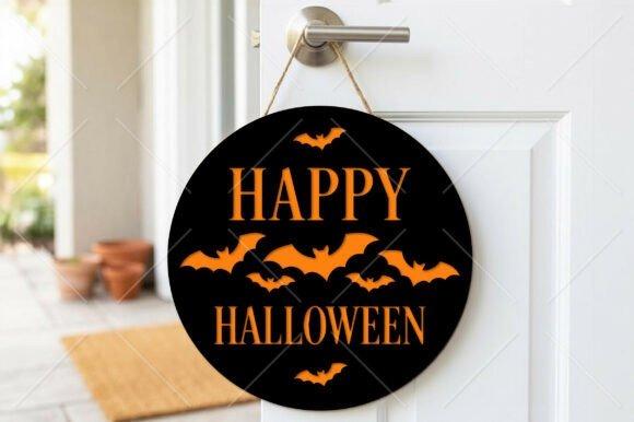 Halloween Laser Cut Sign Round halloween laser cut sign with orange bats and Happy Halloween text hanging on a white door handle
