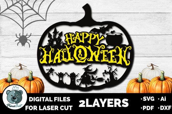 Happy Halloween Laser Cut Sign — happy halloween laser cut signs Happy Halloween laser cut signs featuring a black pumpkin shape with yellow lettering and Halloween-themed silhouettes