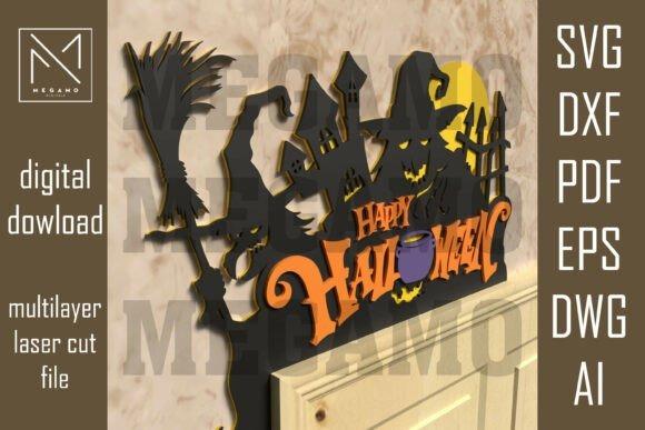 Wooden Laser Cut Halloween Sign — wooden laser cut Halloween signs Wooden laser cut Halloween signs featuring haunted house, witch, and Happy Halloween text