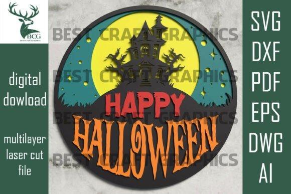 Happy Halloween Wooden Sign — wooden laser cut Halloween signs Wooden laser cut Halloween signs featuring a haunted house silhouette with moon and trees