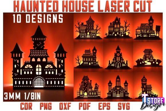 Haunted House Laser Cut Designs — Halloween laser cut wall decorations Halloween laser cut wall decorations featuring 10 layered haunted house designs with windows and spooky details