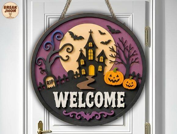 Wooden Laser Cut Halloween Welcome Sign — wooden laser cut Halloween signs Wooden laser cut Halloween signs featuring a welcome door sign with haunted house, pumpkins, bats, and spooky trees