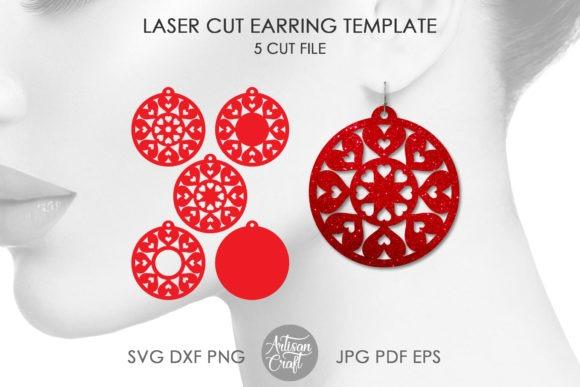 Mandala Heart Laser Cut Earrings — laser cut jewelry Laser cut jewelry mandala heart earrings template with intricate symmetrical patterns in red