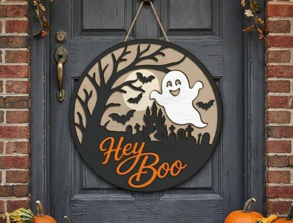 Hey Spooky Boo Ghost Sign — wooden laser cut Halloween signs wooden laser cut Halloween signs featuring a round ghost sign with 'Hey Boo' text, bats, and a haunted house silhouette