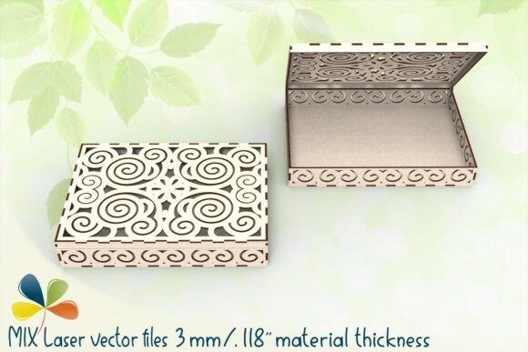 Laser Cut Wood Box Design Laser cut wood box with intricate swirling patterns, shown closed and open, designed for shallow keepsake storage
