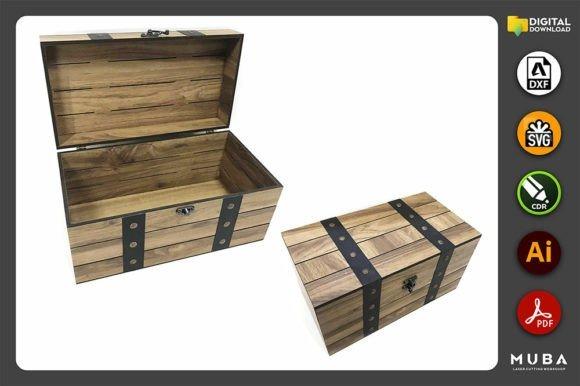 Laser Cut Jewelry Box Laser cut jewelry box with wood texture and black metal straps, open and closed views