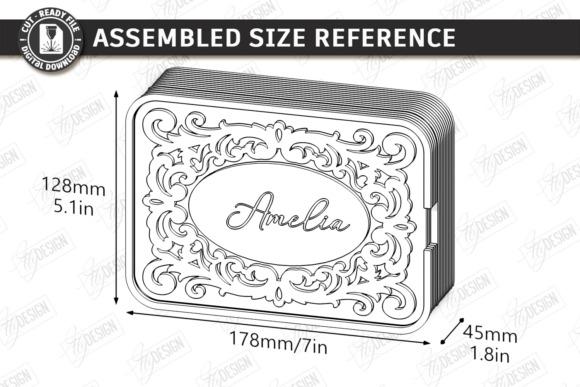 Laser Cut Jewelry Box Design Laser cut jewelry box with intricate decorative frame and name Amelia engraved on lid, dimensions 178x128x45mm