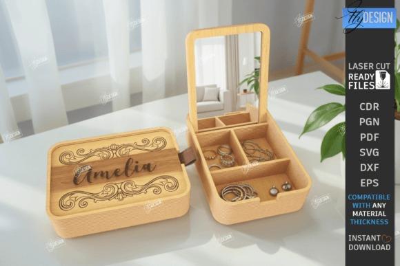 Laser Cut Jewelry Box Laser cut jewelry box with a personalized name and decorative floral engraving on the lid, open showing multiple