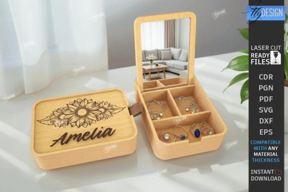 Laser Cut Jewelry Box Amelia Laser cut jewelry box with floral design and personalized name Amelia, open to show compartments and mirror