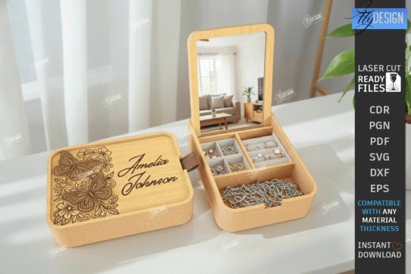 Laser Cut Box Jewelry Organizer Laser cut box jewelry organizer with monogram and floral butterfly engraving on lid, compartments for rings and chains