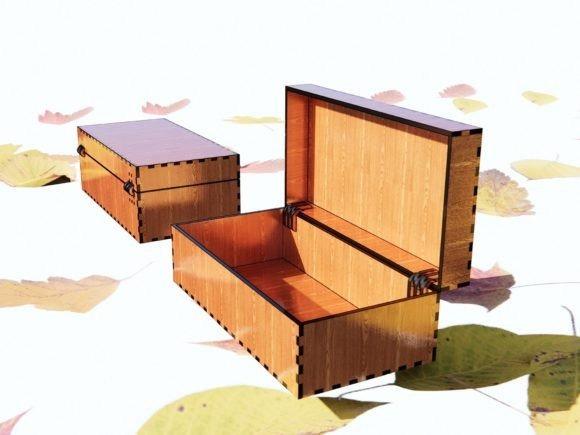 Easy Laser Cut Box Designs Easy laser cut box designs showing two wooden rectangular boxes, one open and one closed, on a leaf-patterned surface
